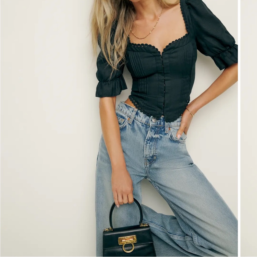 Reformation Simmie Linen Top Black - Size 12 - Picture 4 of 7